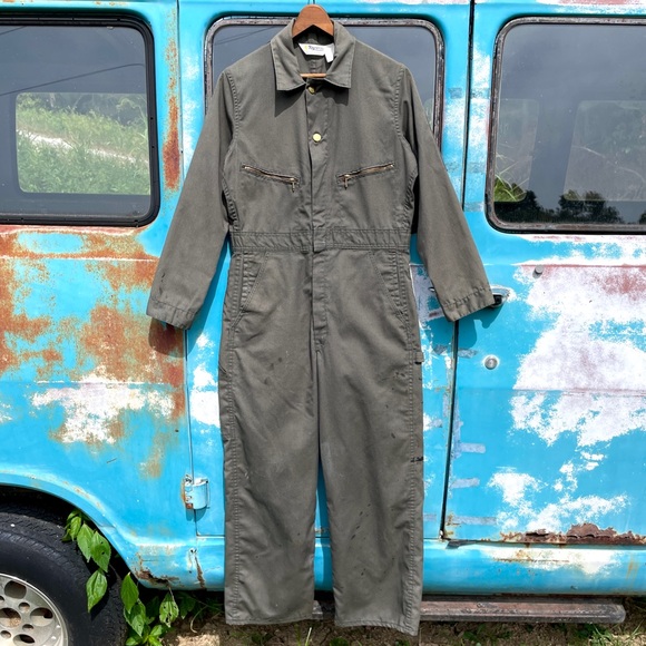 60s 70s Olive Green Canvas Coveralls - Picture 1 of 9